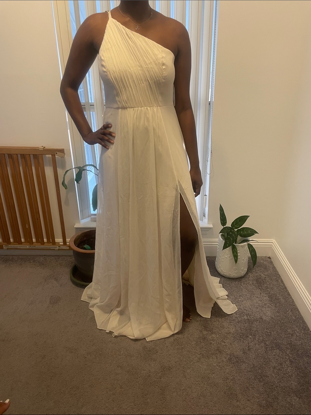 Halston Heritage Ivory One-Shoulder Gown with Side Slit